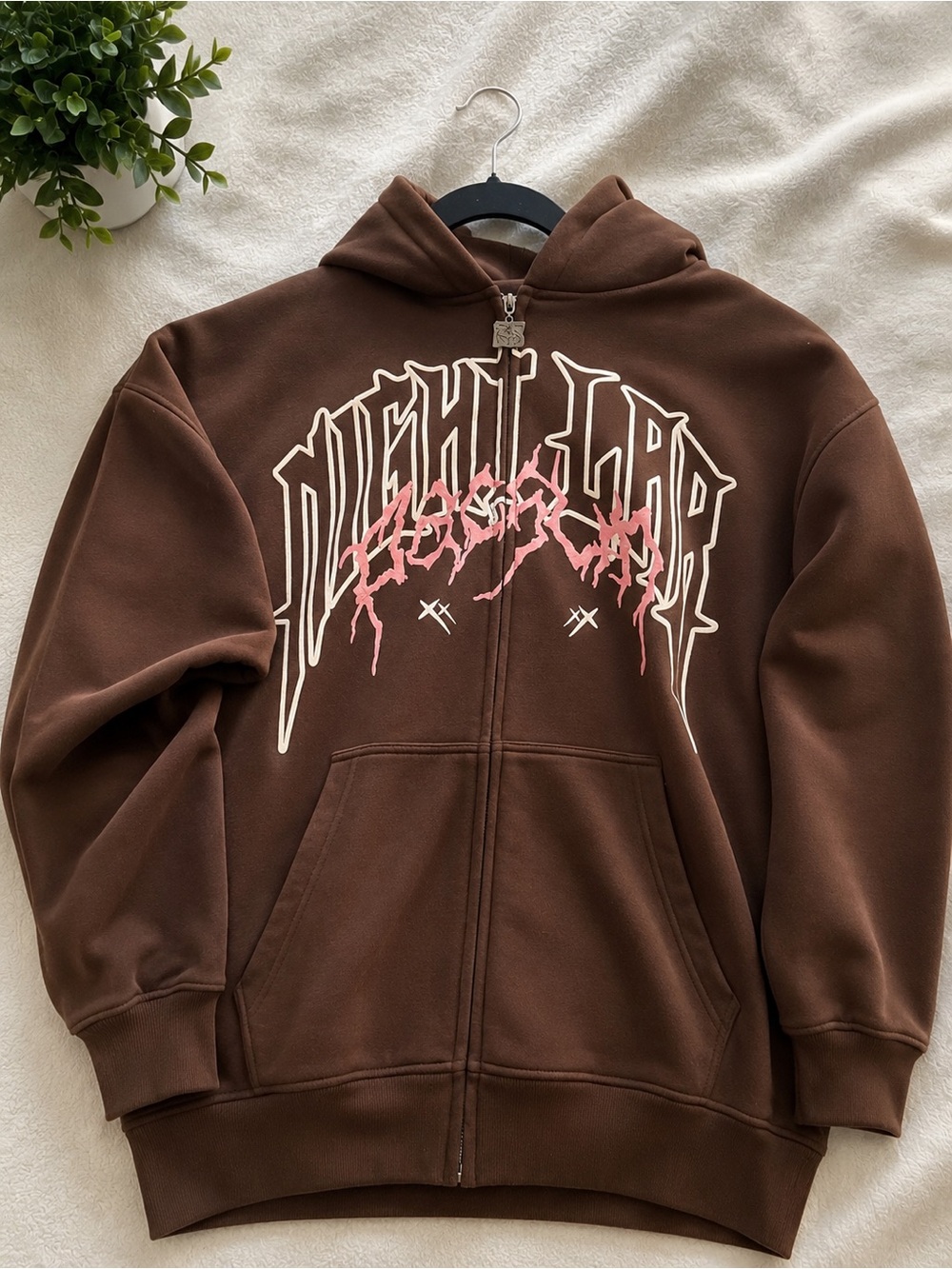 PacSun Brown Zip-Up Hoodie with White and Pink Graphic Accents